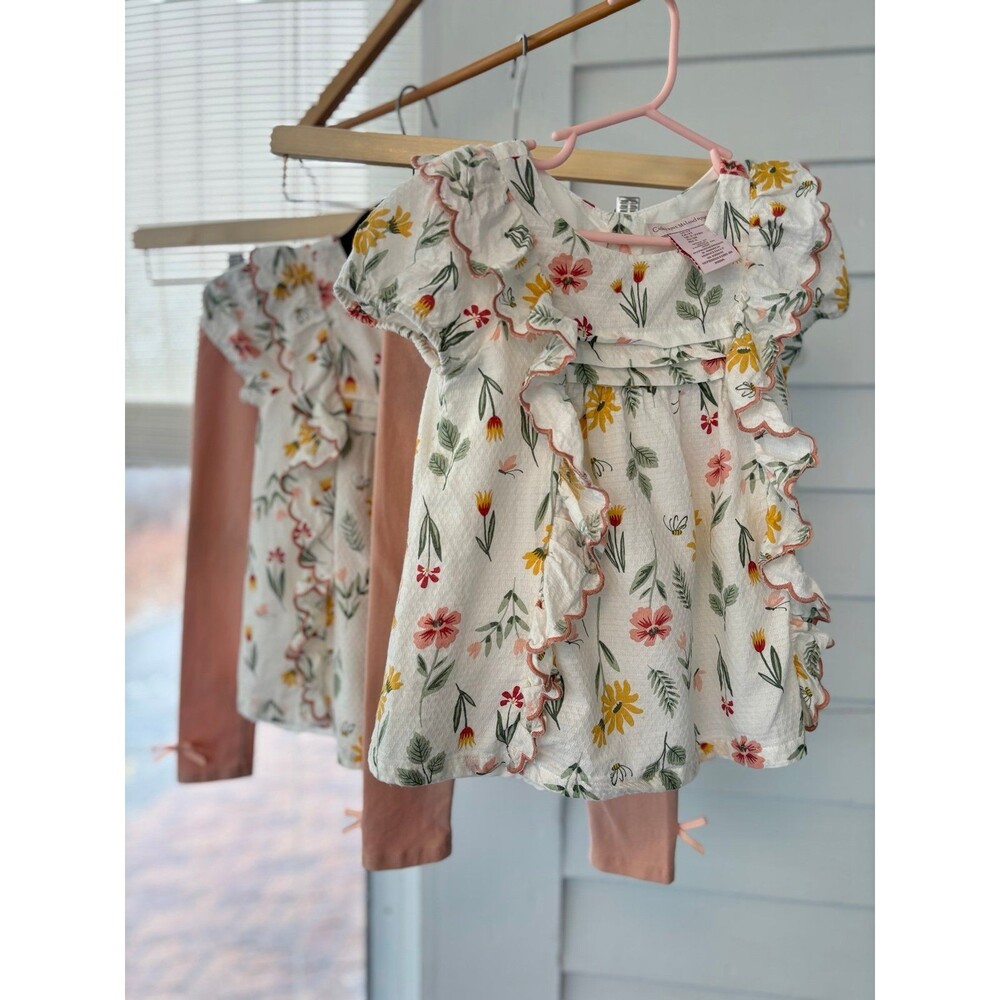 Catherine Malandrino White Floral Ruffle Top with Pink & Yellow Flowers (2 sets)